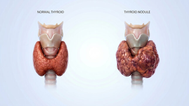 Thyroid Nodule Anatomy Comparison Showing Normal Endocrine Gland and Pathological Goiter
