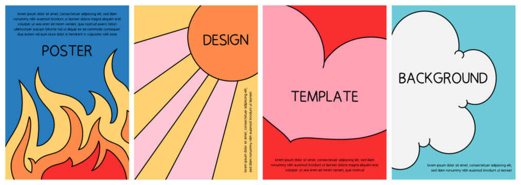 Minimalist Multicolor Artwork Collection with Fire, Sun Rays, Loving Heart and Cloud on Sky. Abstract Vector Poster Background Set with and Hand Drawn Illustrations and Copy Space