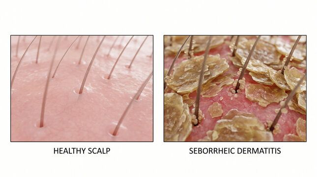 Seborrheic Dermatitis on Human Scalp with Dandruff Flakes and Healthy Skin Comparison
