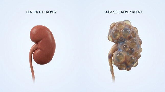 3D Medical Illustration of Healthy Kidney vs Polycystic Kidney Disease
