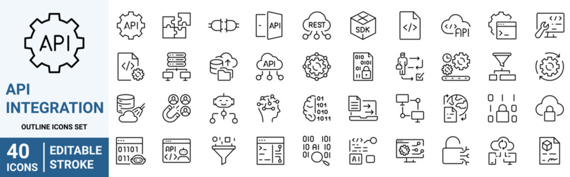 Set of 40 outline icons related to API, Integrationn. Linear icon collection. Editable stroke. Vector illustration