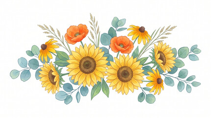 Watercolor autumn floral bouquet illustration with sunflowers, orange poppies, and eucalyptus isolated on white background © Dian