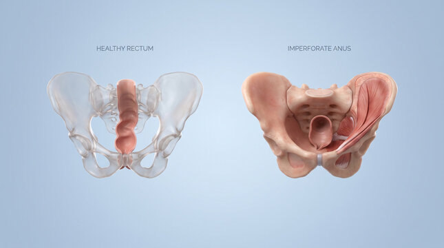 Healthy Rectum and Imperforate Anus 3D Comparison Diagram
