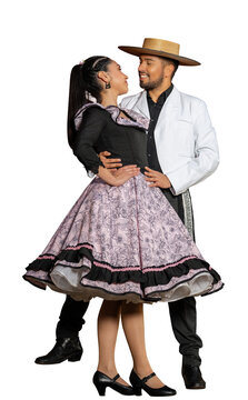 Two chilean dancers performing the national folk dance cueca on a white background