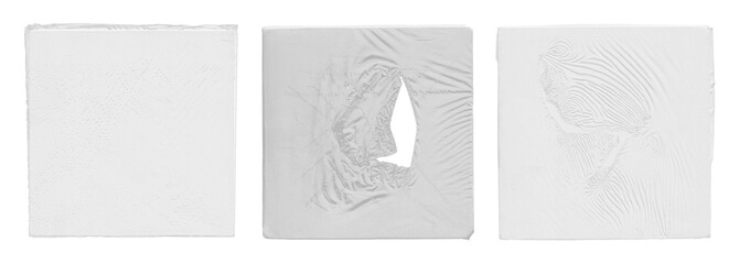 Fototapeta na wymiar Square transparent plastic packing textures with wrinkles, torn hole, and crumpled cellophane effects isolated for vinyl record album cover, cd, vinyl. Polythene packaging mockup for overlay. PNG