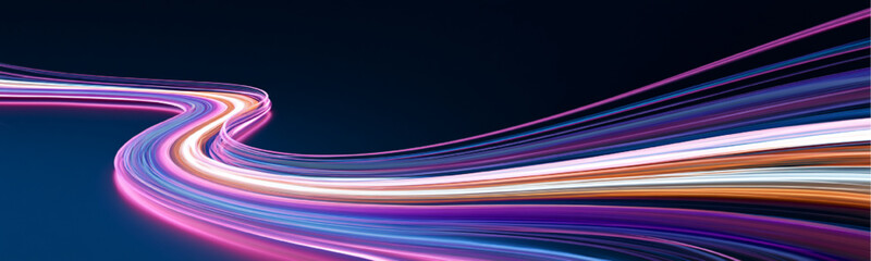 Flowing laser light lines cross a futuristic urban landscape with brilliant illumination and elegant motion. Bright glowing effects communicate technology and rapid movement. A striking abstract desig © Keoftstock