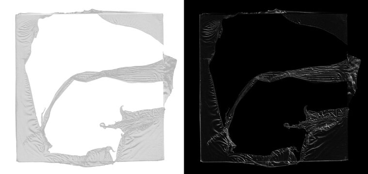 Torn Plastic Wrap Frame Overlay for Album Cover Mockups. Torn glossy plastic packing frame with ripped edges and folded film texture, ideal for vinyl sleeves, CD covers, album cover. PNG mockup
