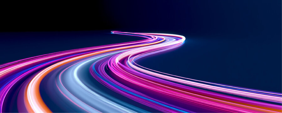 Radiant motion trails extend across a dark digital landscape with luminous reflections and elegant flow. Bright highlights emphasize acceleration and innovation. A futuristic abstract artwork.