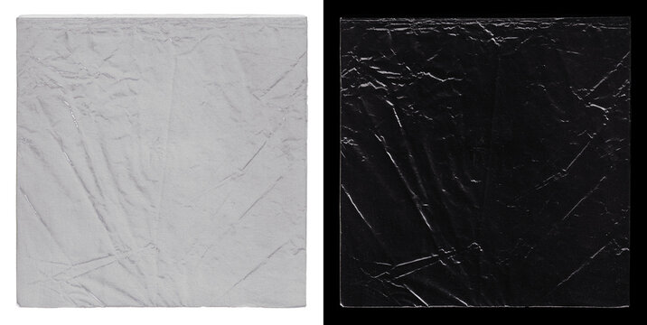 Crumpled transparent plastic packing for overlay with with sharp creases, intense glossy reflections. Polyethylene packaging for album cover, cd, vinyl. Plastic packing texture for overlay. PNG