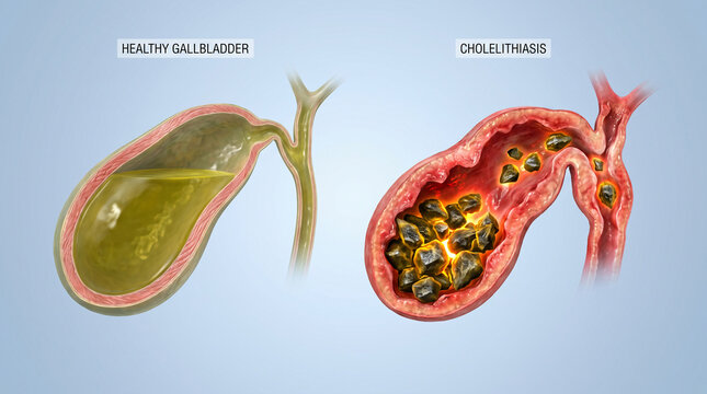 3D Medical Illustration of Healthy Gallbladder vs Cholelithiasis
