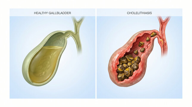 Healthy Gallbladder and Cholelithiasis Gallstones 3D Diagram
