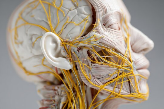 Close-up of a medical anatomy head model with trigeminal nerve area clearly highlighted in yellow, photographed on a neutral background for clarity and focus.