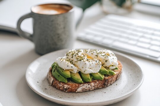 Close-up of an open-faced avocado toast with poached egg on a minimalist white plate next to a wireless keyboard and coffee mug, bright airy atmosphere, balanced protein breakfast