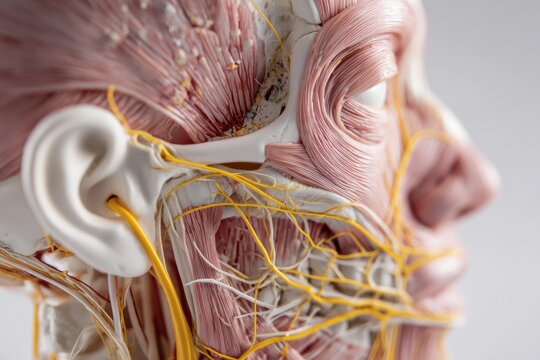 Close-up of a medical anatomy head model with trigeminal nerve area clearly highlighted in yellow, photographed on a neutral background for clarity and focus.