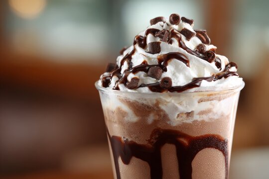 American style coffee drink - Close-up view of a frappe topped with whipped cream and chocolate drizzle, shallow depth of field, blurred cafe interior background.