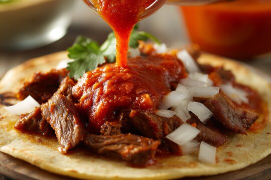 Close-up of a taco al pastor with bright red salsa frozen mid-pour from above, simple background with spicy sauce
