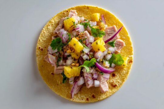 Taco al pastor - Corn tortilla, marinated pork slices, diced onion, cilantro, and pineapple chunks all floating separately in a minimalist composition. 