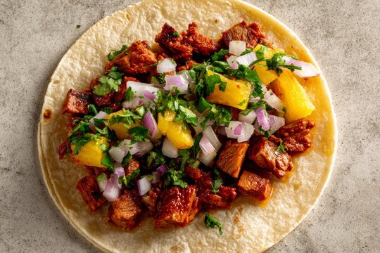 Taco al pastor - Corn tortilla, marinated pork slices, diced onion, cilantro, and pineapple chunks all floating separately in a minimalist composition. 