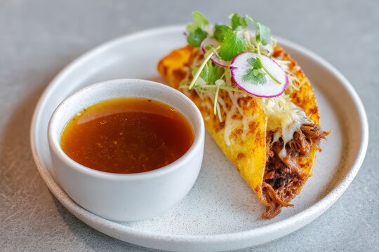 Golden crispy taco stuffed with cheese and birria beef, consomm&eacute; dipping cup broth sauce beside it, simple plating. Authentic Mexican cuisine, dinner close-up.