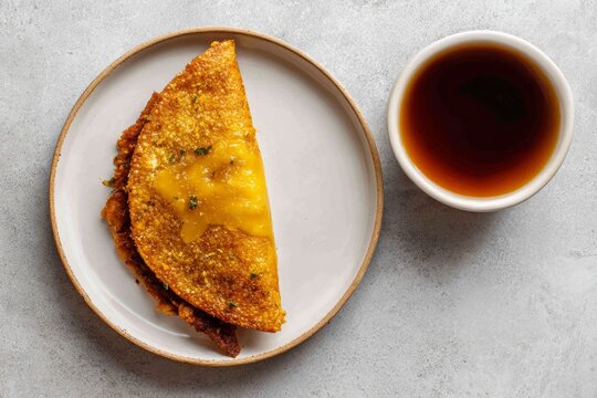 Golden crispy taco stuffed with cheese and birria beef, consomm&eacute; dipping cup broth sauce beside it, simple plating. Authentic Mexican cuisine, dinner close-up.