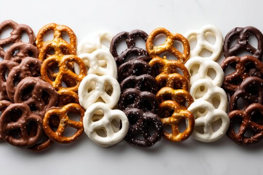 Flat lay of assorted chocolate-covered pretzels&mdash;milk, dark, and white&mdash;arranged neatly on clean white background with soft shadows. Sweet salty snack, party dessert.