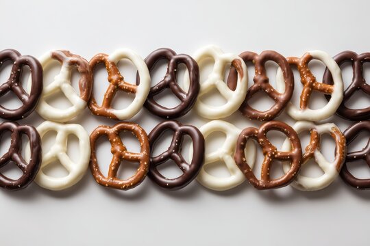 Flat lay of assorted chocolate-covered pretzels&mdash;milk, dark, and white&mdash;arranged neatly on clean white background with soft shadows. Sweet salty snack, party dessert.