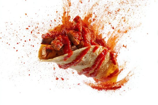 Flying taco al pastor with motion blur and floating salsa droplets, clean white backdrop. Explosive flavor concept, dramatic food styling, culinary action.