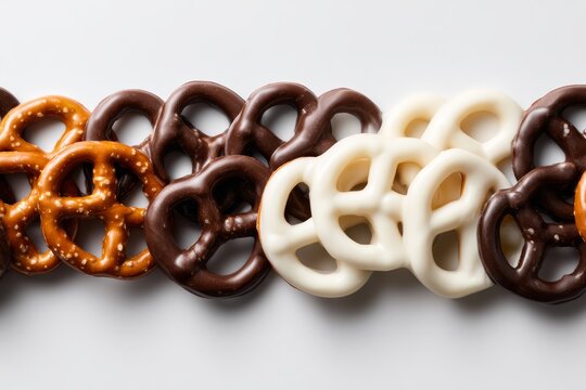 Flat lay of assorted chocolate-covered pretzels&mdash;milk, dark, and white&mdash;arranged neatly on clean white background with soft shadows. Sweet salty snack, party dessert.
