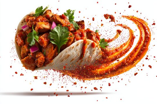 Flying taco al pastor with motion blur and floating salsa droplets, clean white backdrop. Explosive flavor concept, dramatic food styling, culinary action.