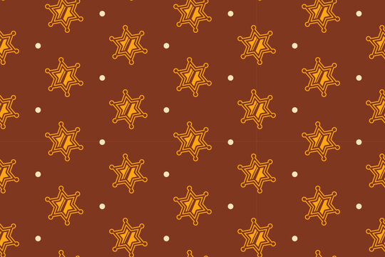 Sheriff star badge with dots seamless pattern on tan background. Western sheriff emblem vintage repeating pattern. Deputy star patch illustration retro repeat motif