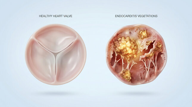 3D Medical Illustration of Healthy Heart Valve vs Endocarditis
