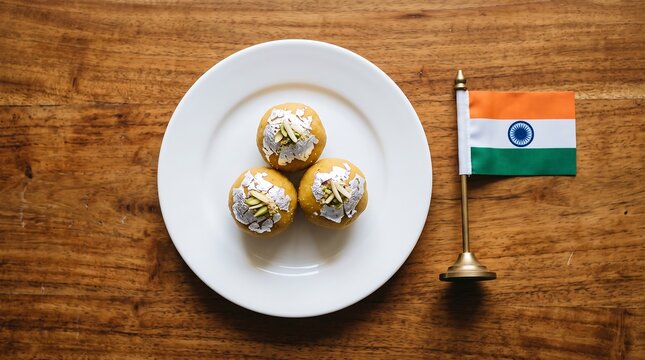 Indian sweets on a plate with a small indian flag on a wooden table