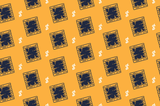Wanted poster with dollar symbols seamless pattern on yellow background. Bounty poster vintage repeating pattern. Outlaw wanted banner illustration retro repeat motif