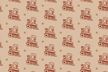 Steam locomotive with star seamless pattern on cream background. Steam train vintage repeating pattern. Old steam railway engine illustration retro repeat motif © salzcreative