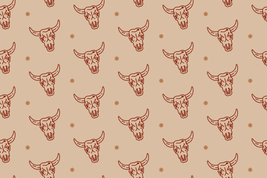 Bull skull with star seamless pattern on cream background. Longhorn skull western vintage repeating pattern. Bison skull wildlife illustration retro repeat motif