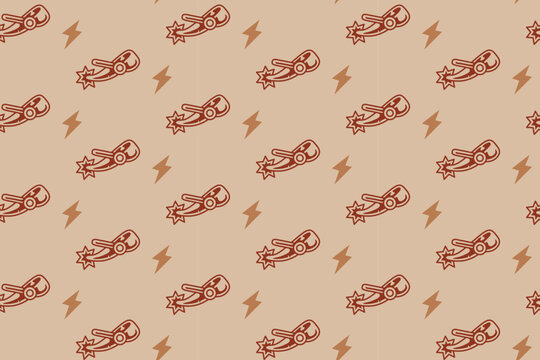 Cowboy boot spur with thunder seamless pattern on cream background. Western spur vintage repeating pattern. Boot riding spur wildlife illustration retro repeat motif