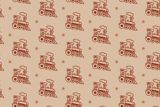 Steam locomotive with star seamless pattern on cream background. Steam train vintage repeating pattern. Old steam railway engine illustration retro repeat motif