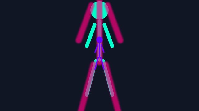Abstract neon stick figures in a layered colorful animation.