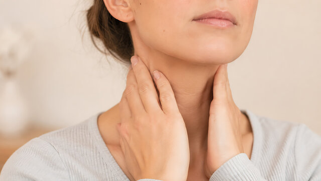 Close-up of a woman holding both sides of her neck, representing throat pain, neck tension, swollen lymph nodes, discomfort and a personal health concern.