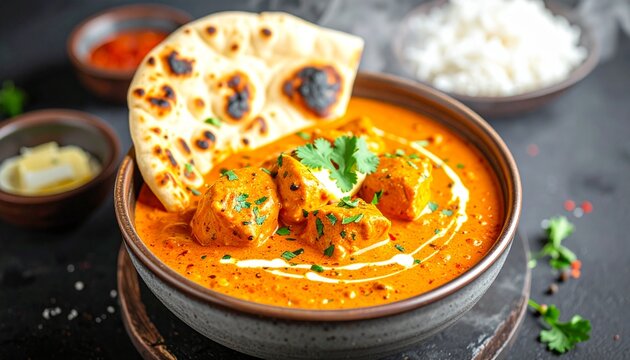 A vibrant orange curry dish served with naan bread and herbs on a table