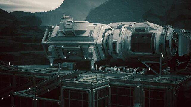 Remote space station outpost on rocky plain, modular habitat and docking rings, solar arrays and antenna, rover and supply crates on tarmac, dusky sky