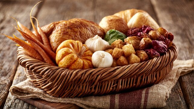 Basket of food sits on a wooden table with a cloth.