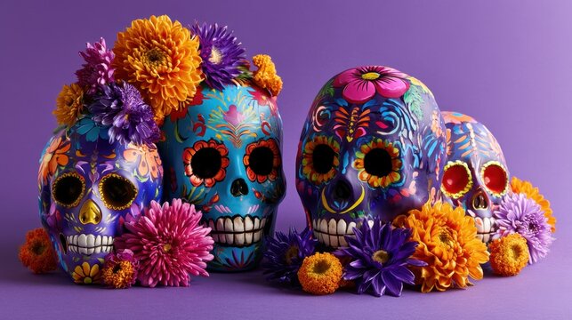Colorful Day of the Dead sugar skulls decorated with marigolds and chrysanthemums