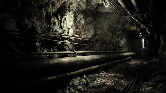 Moody industrial shaft with heavy pipes and dripping walls, single overhead lamp creates stark chiaroscuro, abandoned utility feeling and tactile rock textures