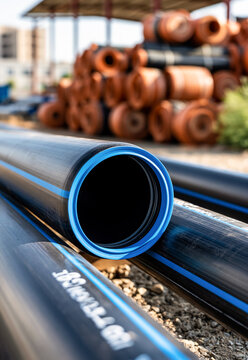 Black plastic HDPE water pipes with blue stripes stored at an outdoor construction site warehouse. Close up view of pipe pipeline industrial background