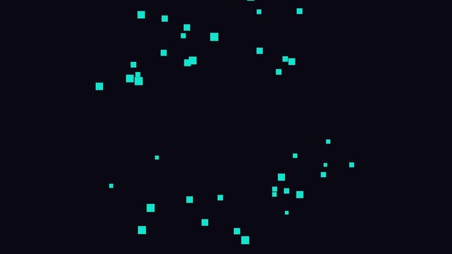 Abstract digital particle explosion motion animation 4k background, with glowing cyan, squares on dark background