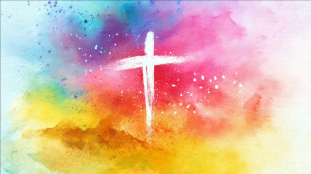 Colorful religious design with vibrant hues and creative brush strokes on a white background. Perfect for Christian ry or spiritual art collections.