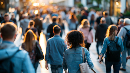 Obraz premium View from above of faceless people on a bright city centre street warm daylight and soft motion top view crowd pedestrianization city centre urban movement walkability