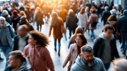 Obraz premium View from above of faceless people on a bright city centre street warm daylight and soft motion top view crowd pedestrianization city centre urban movement walkability