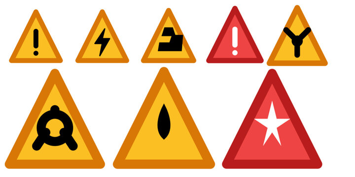 Warning triangle icon set vector illustration featuring bold red, yellow, and black exclamation caution signs.